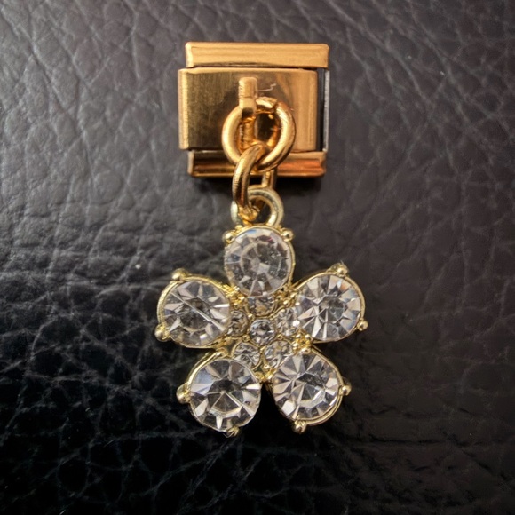 Crystal Flower Dangle Italian Charm – Gold Tone - Picture 1 of 2